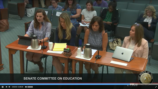 The author is a young woman in a light blue button down sitting at the left of a long table, reading from an iPad on the table in front of her. Next to her are three other woman listening to her testimony.